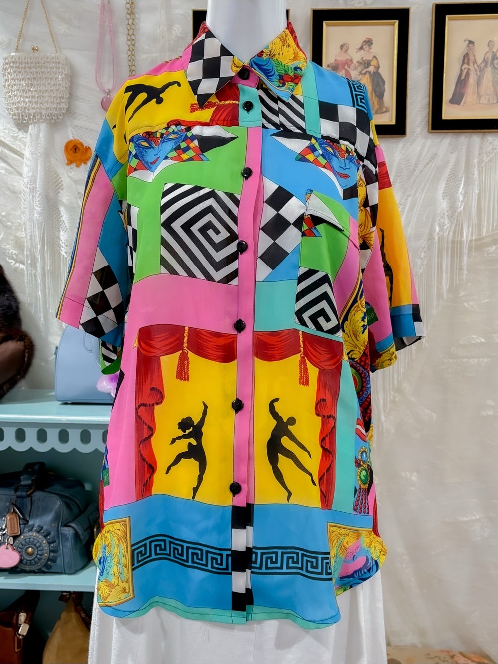 Vintage eclectic art maximalism retro avant-garde groovy girly multicolor blouse